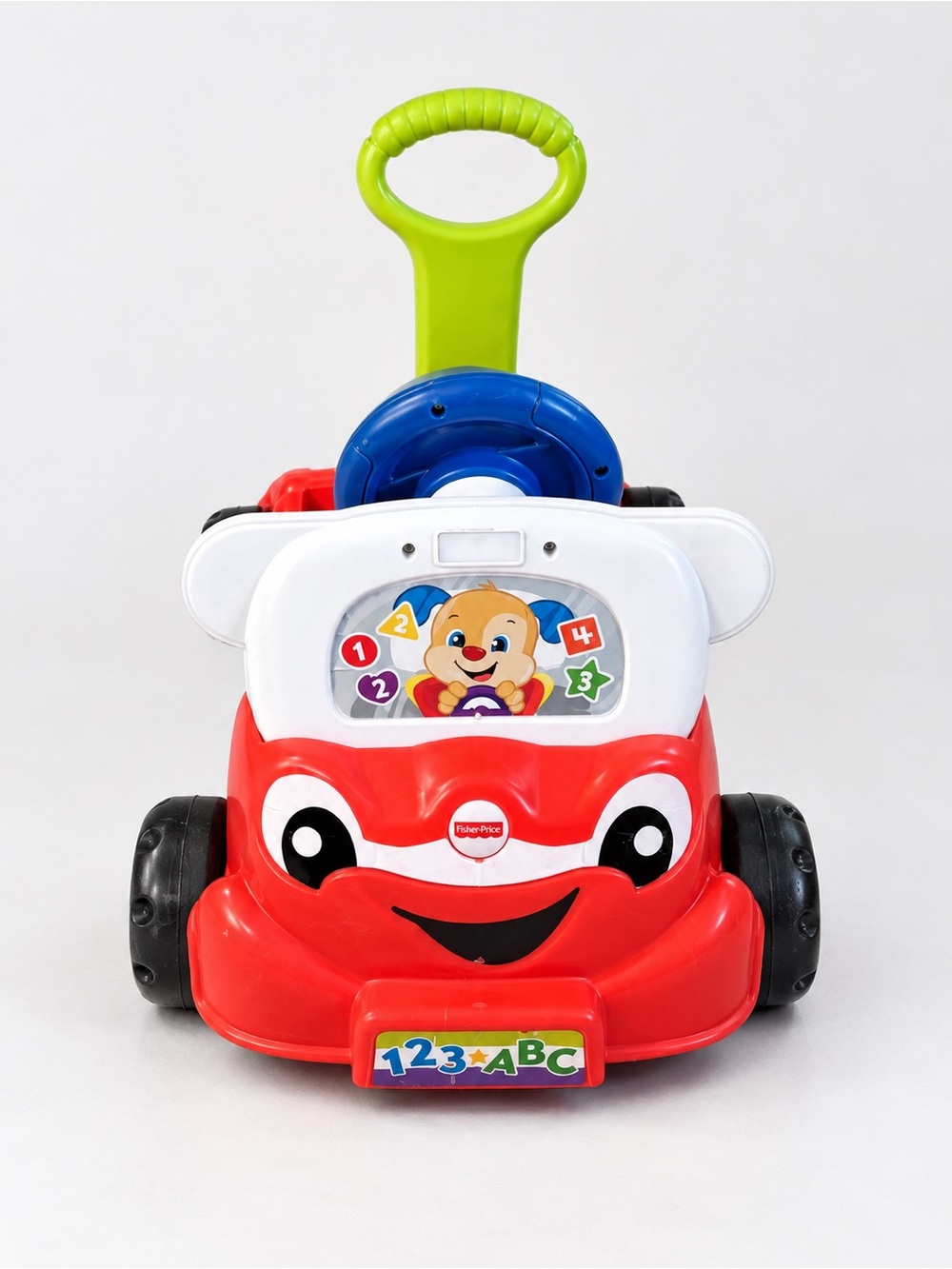 Fisher-Price Red Ride-On Car with Blue Steering Wheel and Green Push Handle